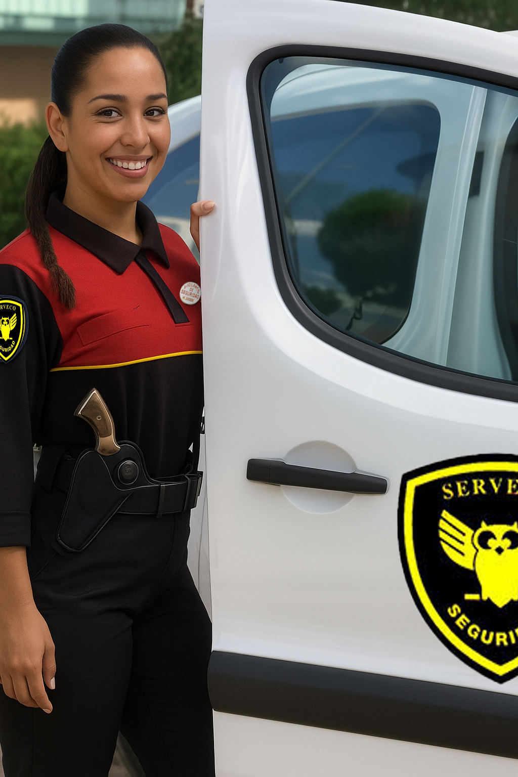 Vigilante de seguridad de Serveco junto a un vehículo de la empresa